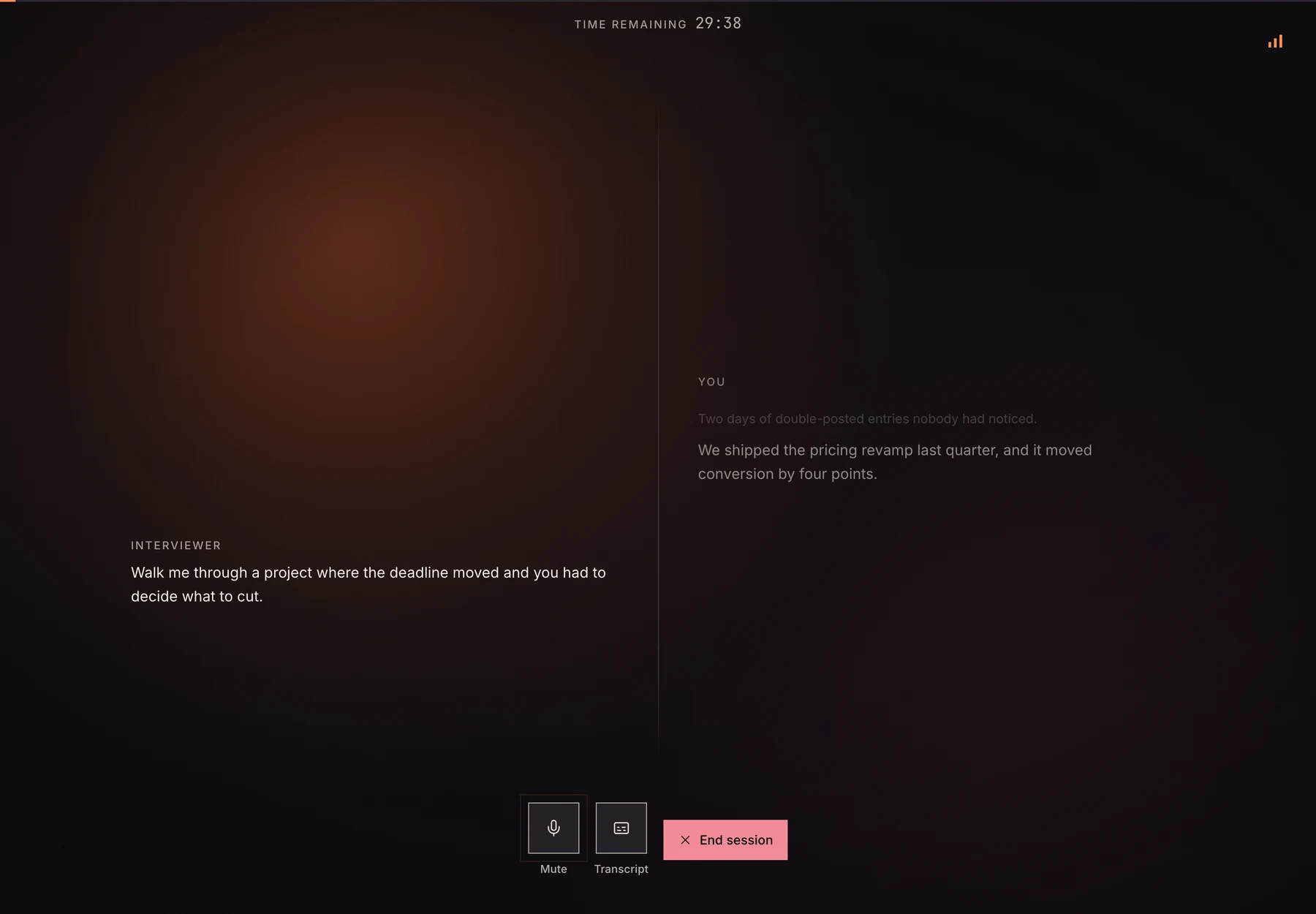 InterviewSparrow’s live interview screen: a glowing orb on the left under a counting-down clock, the interviewer’s question “Walk me through a project where the deadline moved and you had to decide what to cut.” beneath it, the candidate’s previous answer greyed back on the right, and Mute, Transcript and End session along the bottom.